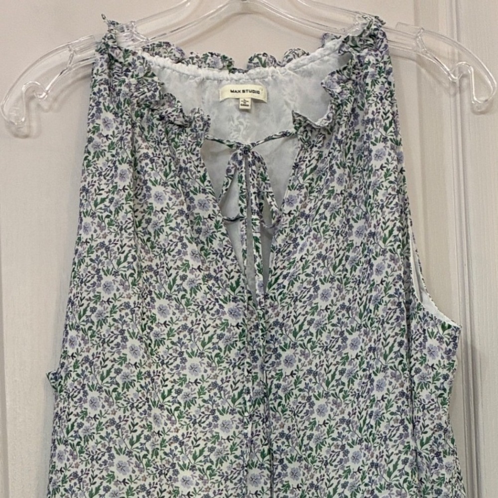 Max Studio Wmns Floral Ruffle Tie Neck Sleeveless Blouse Purple Green L 6707Y36B - Picture 7 of 10